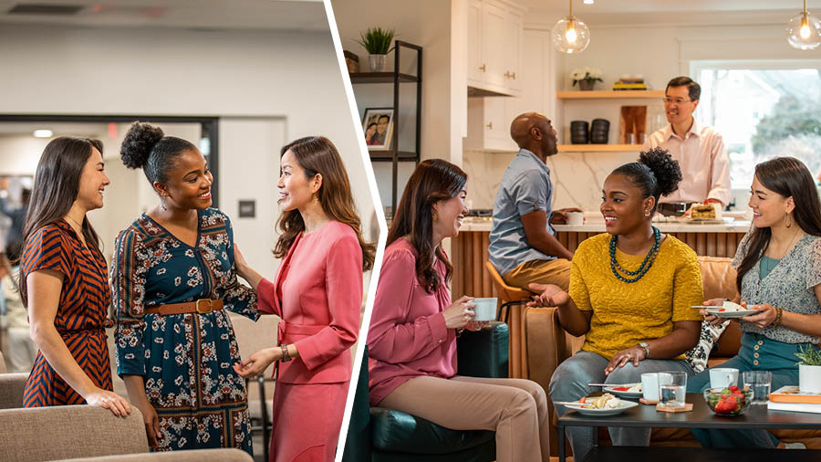 Ilustrassion: 1. La sorela la ze drio giutar la so studiante a cognosser una sorela nela congregassion. 2. La sorela, la so studiante e el so sposo i ze insieme nela casa dela sorela che la studiante la ga cognossesto nel Salon del Regno.