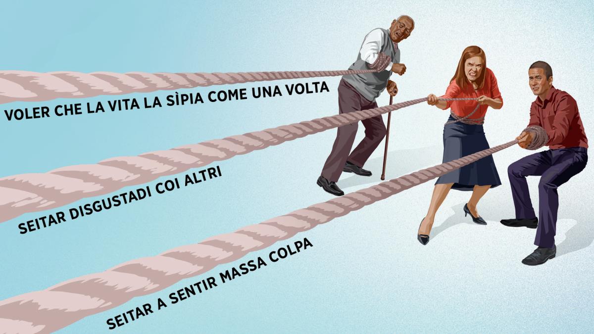 Un fradel de età, una sorela e un fradel pi gióveno i ze drio tirar le soghe. Nele soghe l’è scrito: ‘voler che la vita la sìpia come una volta’, ‘seitar disgustadi coi altri’ e ‘seitar a sentir massa colpa’.