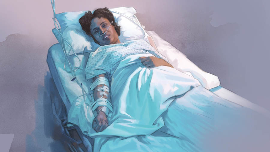 Una dona nte un ospedal che la ze drio ricever rimedi par la vena e no la ze bona de tirar el fià ela sola.