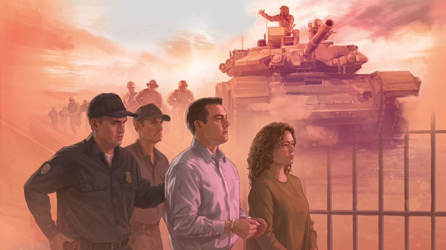 Ilustrassion: Esempi de dificoltà che ghen’è: 1. Un soldà nte un tanche de guera e i altri i ghe va drio. 2. Un casal de fradei ligadi e, de drio, la polìssia.