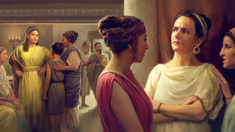 Evòdia e Sìntiche le ze nel medèsimo posto. Cada una la ze drio parlar con un grupo difarente de persone e le se varda cative.