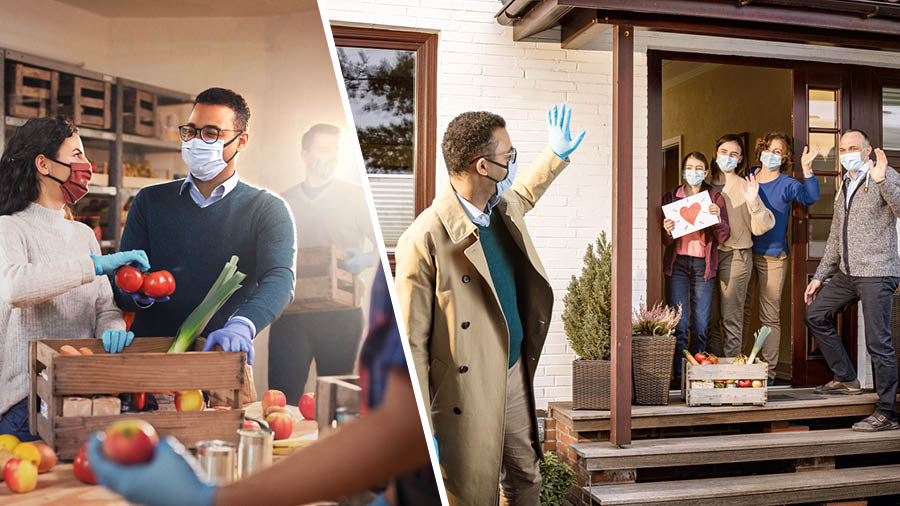 Ilustrassion: 1. Fradei i ze drio meter robe de magnar nele casse. 2. Un fradel el dà una de queste casse a una fameia.