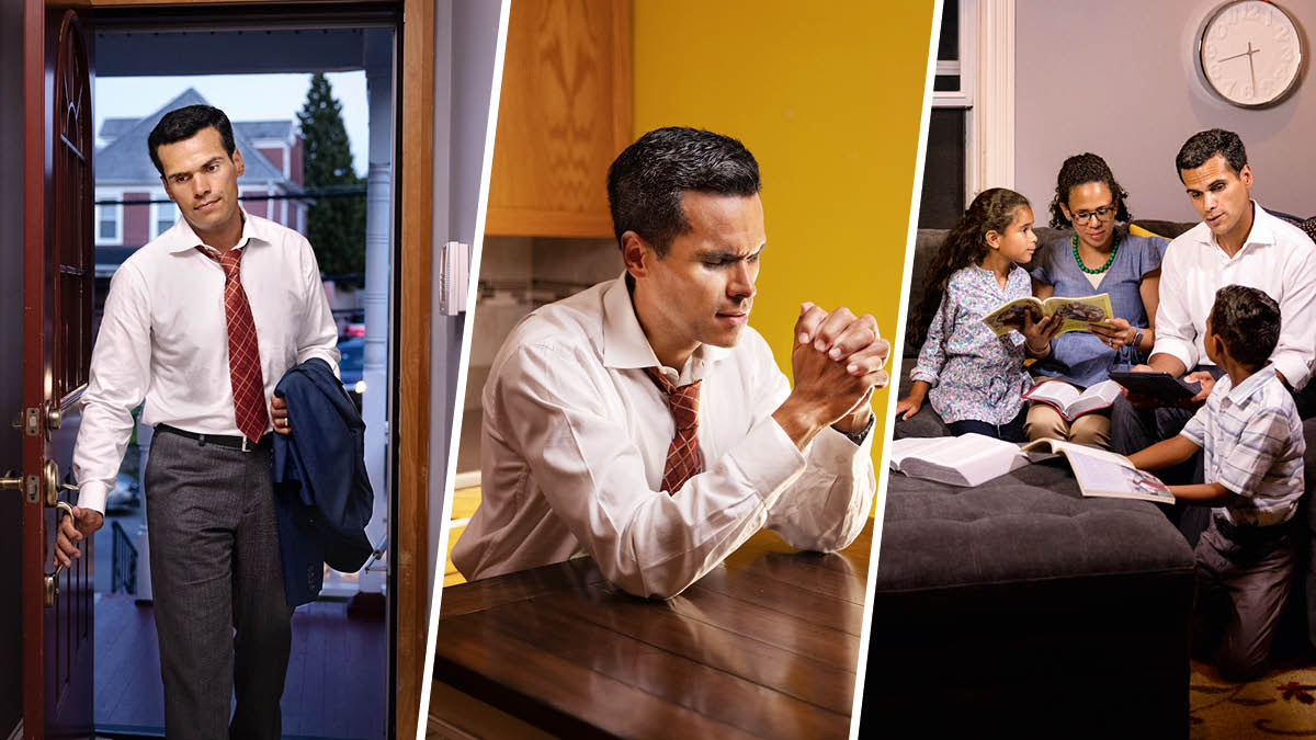 Ritrati: 1. Un pare l’è drio rivar casa del laoro tanto straco. 2. Lu el prega de tuto el cuor a Geovà. 3. Lu l’è drio far la adorassion in fameia cola so sposa e i so fioi.