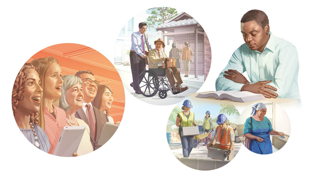 Ilustrassion: Arquante robe che femo par adorar a Dio dela maniera che el vol. 1. Sorele e fradei i ze drio cantar nele riunion. 2. Nela predicassion, un fradel giuta nantro che l’è nela carega de roda. 3. Un fradel l’è drio pregar vanti de leder la Bìblia. 4. Una sorela la ze drio meter soldi nela casseta de contribussion. 5. Sorele e fradei i ze drio giutar a far su un posto par adorar a Geovà.