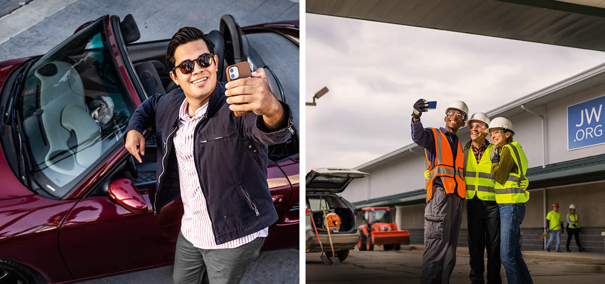 Ilustrassion: 1.  Gioani el fà una foto de lu stesso col so auto. 2.  Andrè el fà una foto de lu stesso coi amighi. Lori i ze drio giutar a rangiar un Salon de Assemblea.