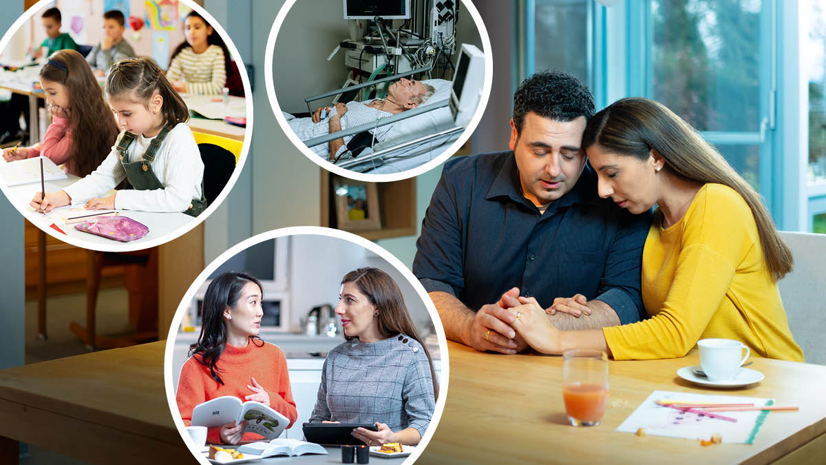 Un fradel l’è drio pregar cola so dona. Ilustrassion: 1.  Le so fiole le ze nela scola. 2.  Un omo pi vècio l’è butà do in leto nte un ospedal. 3.  La dona la ze drio studiar la Bìblia con nantra dona.