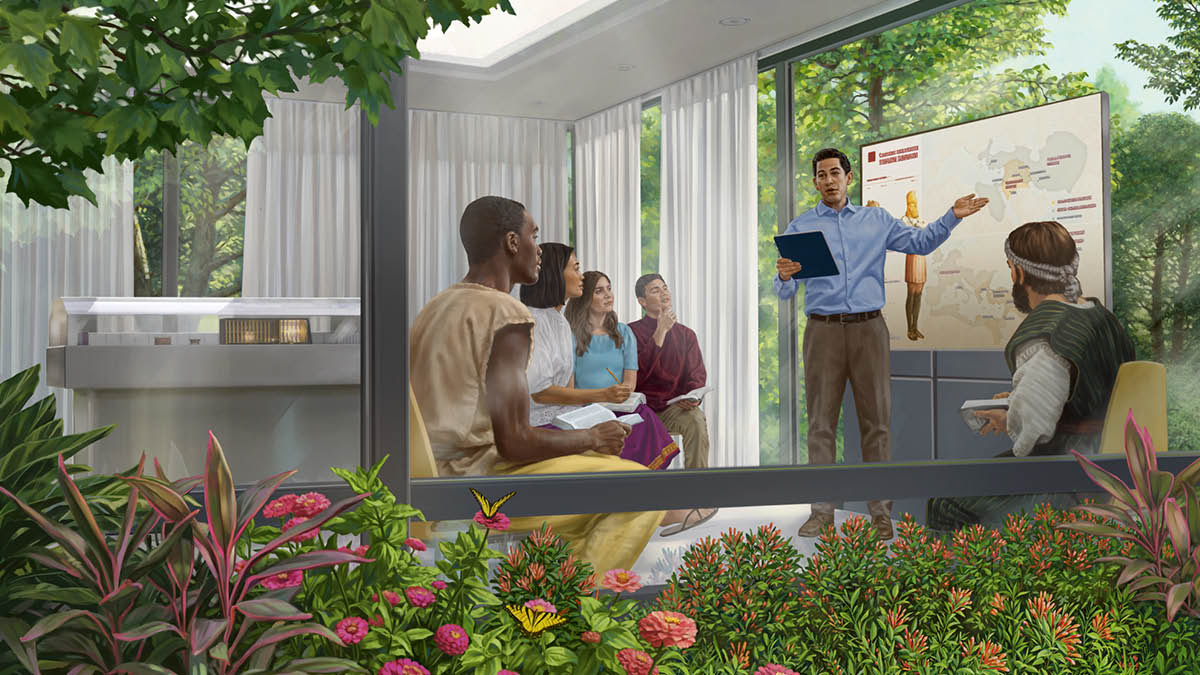 Un fradel l’è drio insegnar arquanti ressussitadi nel Paradiso. Lu l’è drio doperar mapi par spiegarghe quel che Nabucodonosor el se ga insognà, scrito in Daniel capìtolo 2.