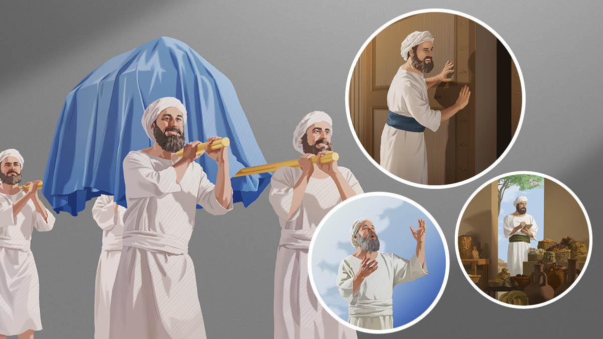 Quatro coatiti i ze drio portar la Arca del Acordo. Ilustrassion: I laori che i coatiti i fea. 1. Un coatita l’è drio cantar. 2. Nantro coatita l’è drio serar un porton. 3. Un coatita l’è drio scriver quel che ghen’è de magnar.