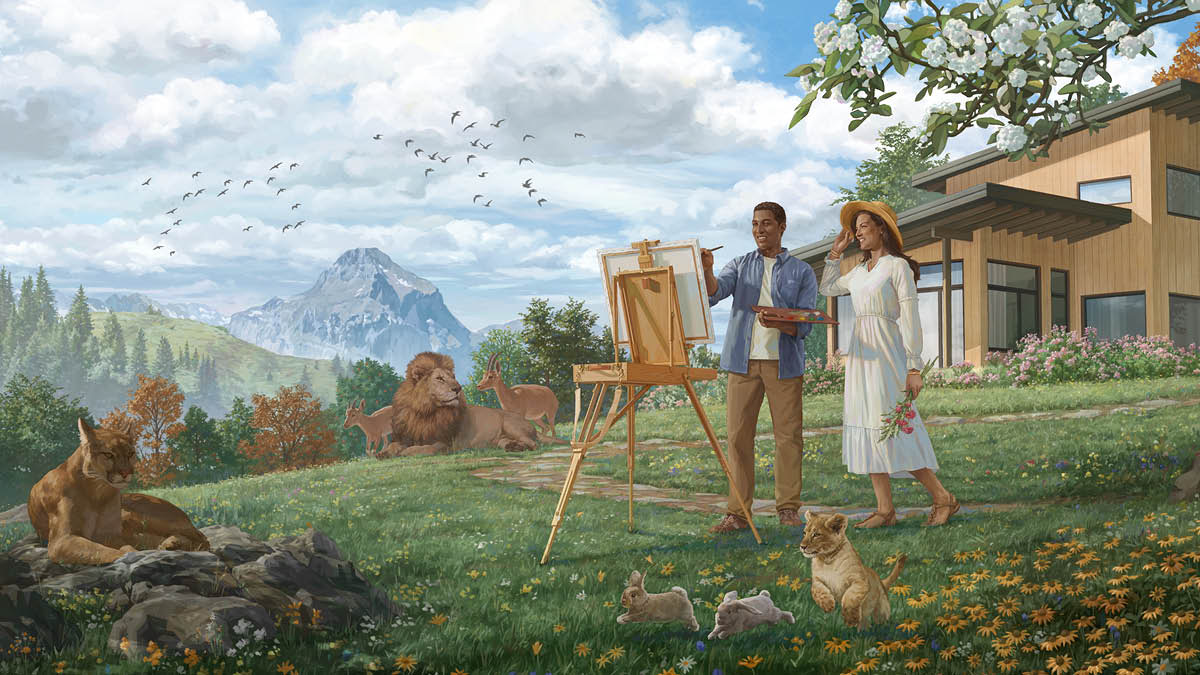 El stesso fradel pi vècio, adesso l’è pi gióveno e l’è in Paradiso. Lu l’è drio pintar un quadro, e una sorela la ze lì drio vardarlo. Intorno ghen’è bei monti, piante e fiori. Darente de lori ghen’è leoni, conici e cavre del mato. Tuti i ze in pace.