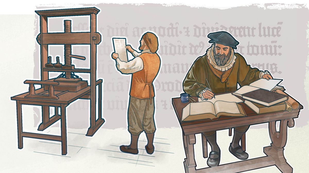 Una màchina de stampar de sti ani e un tradutor dela Bìblia.