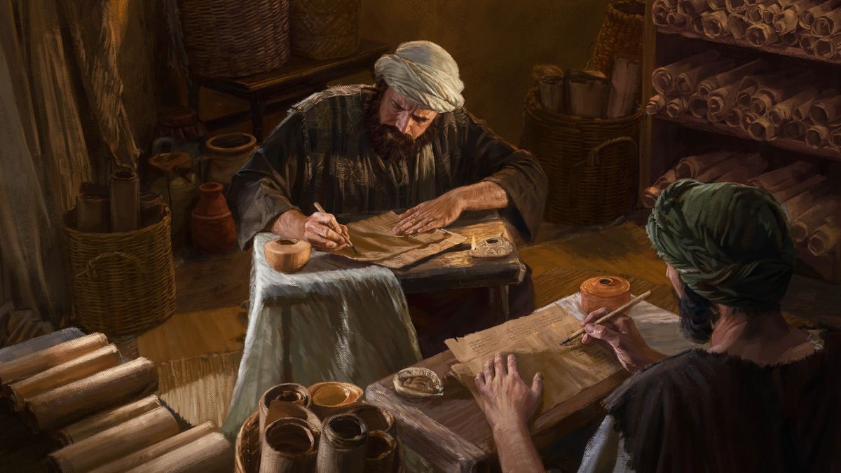 Due òmini i ze drio far còpie de manuscriti.