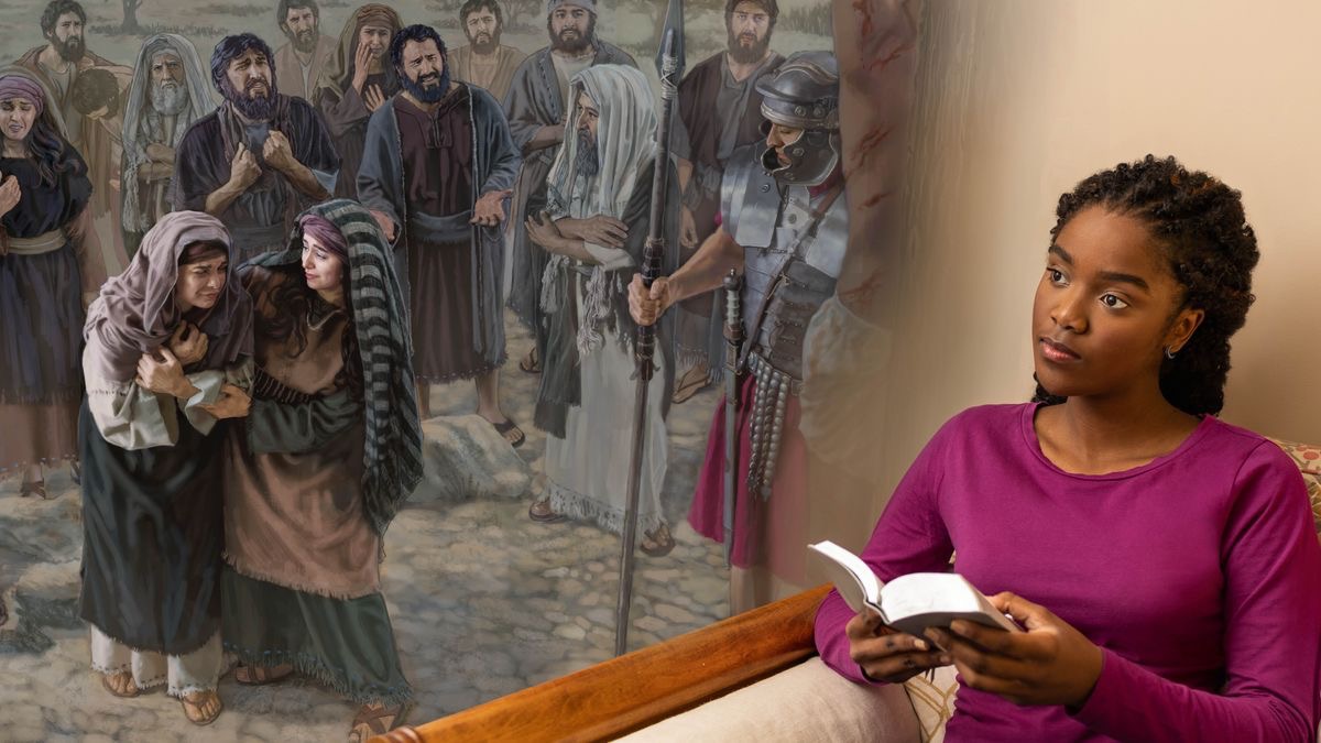 Una sorela gióvena la ze drio leder la Bìblia e la ghe pensa sora Maria Madalena consolando la mama de Gesù dopo che lu l’è stà picà su nel pal de tortura.