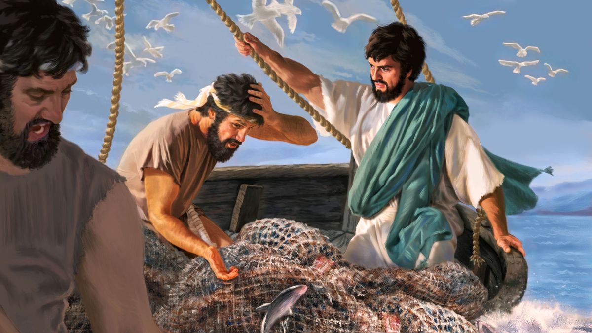 El apòstolo Piero l’è restà spaventà de veder che le rede le era drio sbregarse de tanti pessi che ghen’èra. Gesù scolta quel che Piero el dise intanto che i altri òmini i ze drio tirar la rede rento el barco.