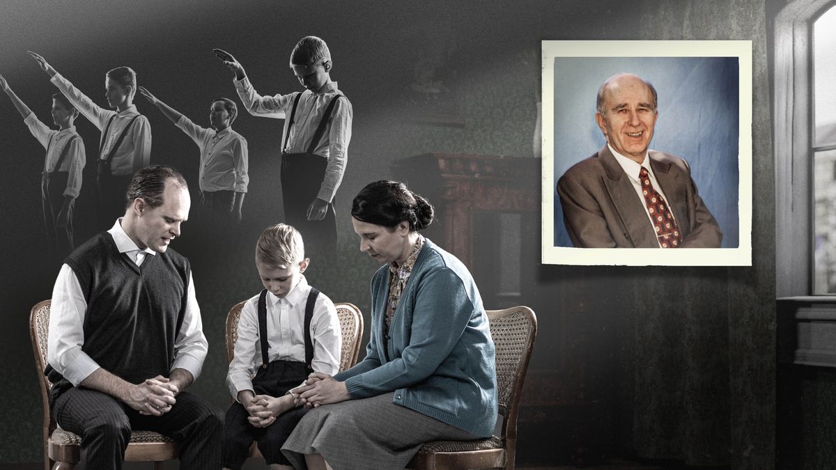 Ilustrassion: El fradel Horst Henschel quando l’era gióveno insieme a so pare e so mare. 1.  Horst e altri toseti i ga alsà su la so man drita e i ga dito: “Heil Hitler!” 2.  So pare e so mare I prega insieme a lu. 3.  Una foto del fradel Horst Henschel.