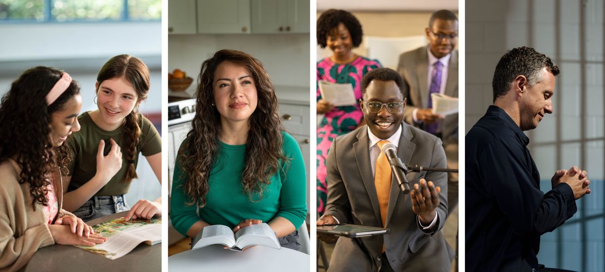 Ilustrassion: I medèsimi fradei e sorele che ghemo visto vanti. 1. La sorela gióvena la ze drio predicar a una colega de scola. 2. La sorela che la ga el omo che no’l serve a Geovà la ze drio pensarghe sora quel che la ga ledesto nela Bìblia. 3. El fradel che no’l gavea acetà i soldi l’è drio comentar nte una riunion. 4. El fradel che l’è in preson l’è drio pregar.