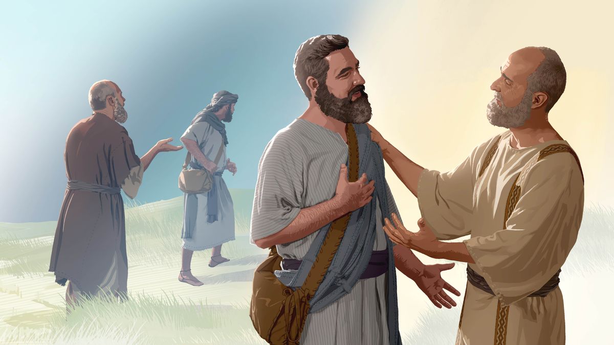 Ilustrassion: 1.  Marco l’è drio ndar via intanto che Paolo lo ciama. 2.  Dopo, Paolo el mostra che ghe vol ben a Marco intanto che l’è drio parlar.