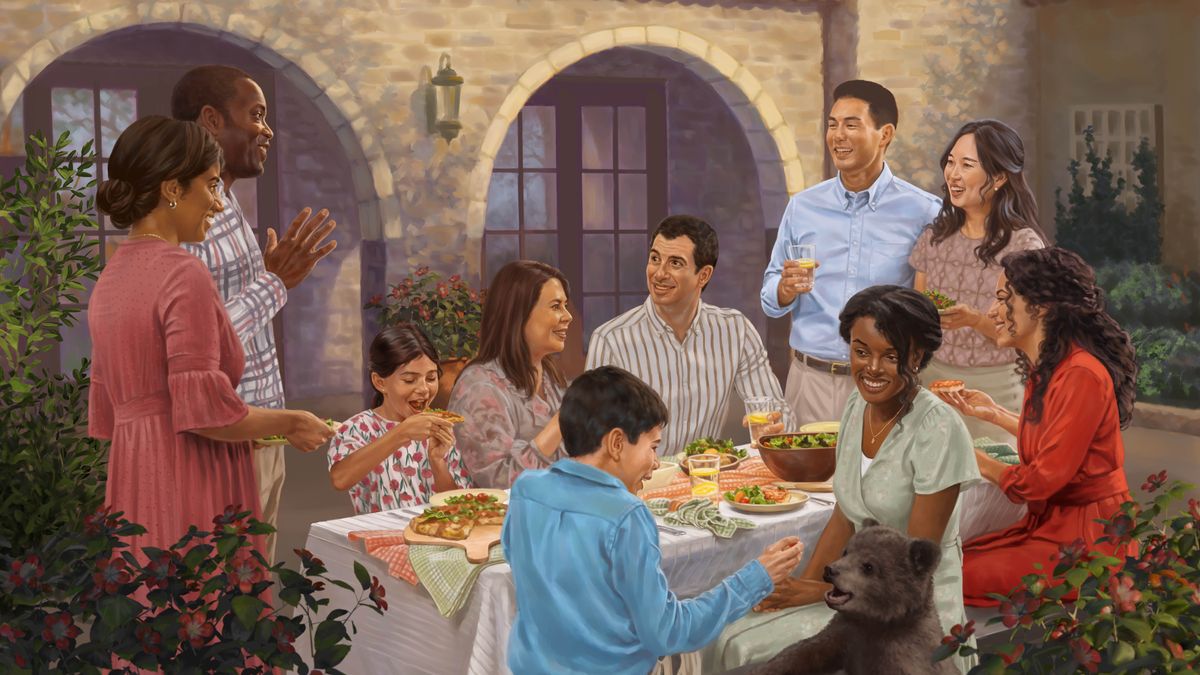 I fradei e sorele del primo ritrato i ze drio magnar insieme in Paradiso. Sol ghe manca quel fradel che l’era lu lu sol. Anca podemo veder un toseto che ghe dà de magnar a un orso.