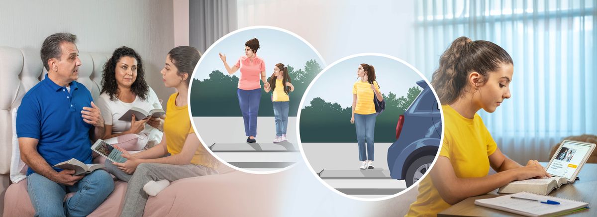 Ilustrassion: 1.  Una sorela gióvena la ze drio scoltar so genitori. Ela la ga un artìcolo nel tablet e i so genitori i ga la Bìblia verta. 2.  La medèsima sorela la stùdia la Bìblia col so tablet e un computador. Sirculeti: 1.  Una mare la tien la man de so fiola e la ghe spiega che la ga de vardar tute due banda dela strada. 2.  Quando la fiola la vien granda ela la va de quel’altra banda dela strada ela sola.