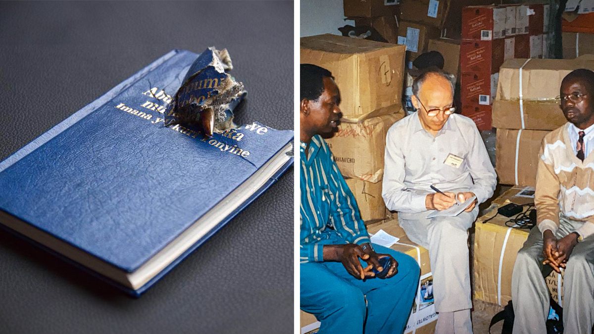 Ilustrassion: 1.  Un libro cola capa dura con un buso. 2.  Marcel con due fradei in meso ale casse con robe par giutar quei che i ga de bisogno.