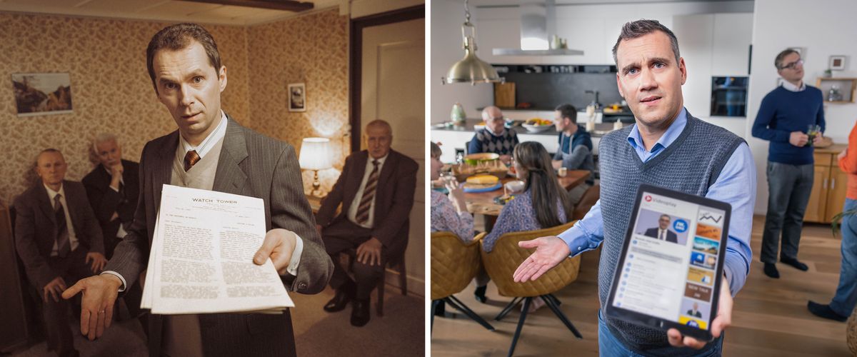 Ilustrassion: 1.  Tanti ani indrio, un fradel el mostra ai altri fradei una carta che ghen’è scrito “Tore de Vigia”. 2.  Ancoi, un fradel el mostra ai fradei nte una festa un vìdeo sora le Testimònie de Geovà.