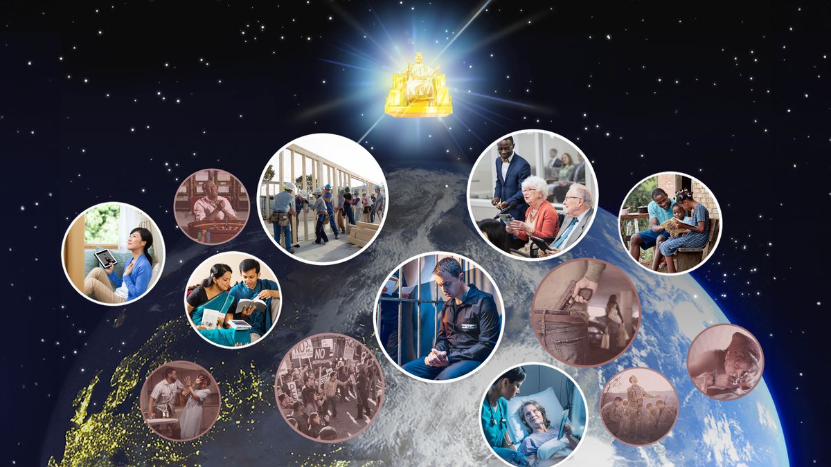 Gesù l’è sentà nel so trono sora la Tera. Lu l’è drio vardar due grupi de persone. Ilustrassion: Fradei e sorele i adora a Geovà. 1. Una sorela la tien el so tablet e la varda su al cielo. 2. Un casal el lede la Bìblia. 3. Fradei e sorele i laora nela costrussion. 4. Un fradel el prega in preson. 5. Una sorela pi vècia la comenta nte una riunion. 6. Una sorela che la ze in leto nel ospedal la ghe dà un foieto a una dona che la laora nel ospedal. 7. Un pare el stùdia insieme cola so fameia. Ilustrassion: Òmini e done i fà robe che la Bìblia la dise che le ze sbaliade. 1. Un omo el prega nte un cassino. 2. Un omo el ghe dà ala so dona. 3. Persone le fà protesti. 4. Un omo con una sciopa in man el ghe va drio una dona che la drio ndar fin el so auto. 5. Un prete el prega par i soldadi de un esèrsito. 6. Una dona la dopera droghe.