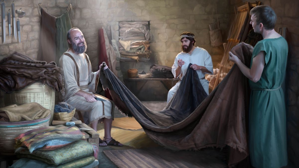 El apòstolo Paolo e altri due òmini i ze drio far una tenda.