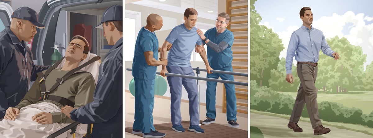 Ilustrassion: Un fradel che el stea mal, col tempo l’è drio ricuperarse. 1.  I dotori i lo mete rento la ambulansia. 2.  Lu el fà un tratamento par poder caminar nantra volta. 3.  Lu l’è bon de caminar lu lu sol.