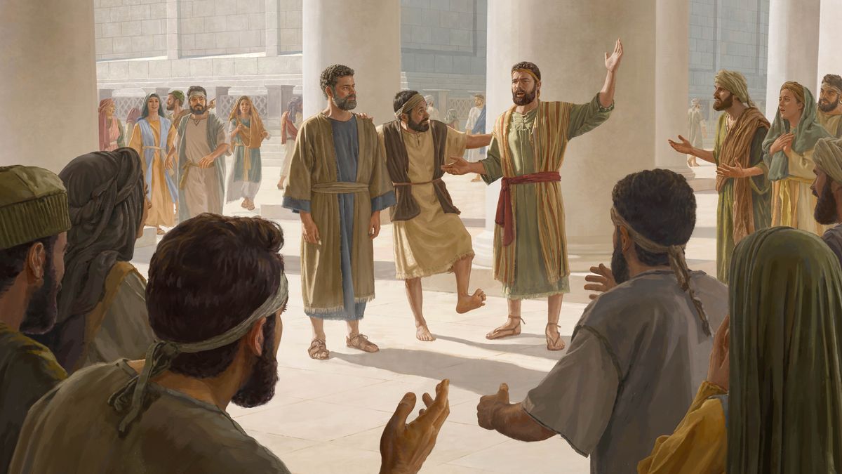 Piero e Gioani i ze rento el témpio. Piero l’è drio alsar la man al cielo. E darente de lu, ghen’è un omo che l’era sòto ma che l’è stà curà.