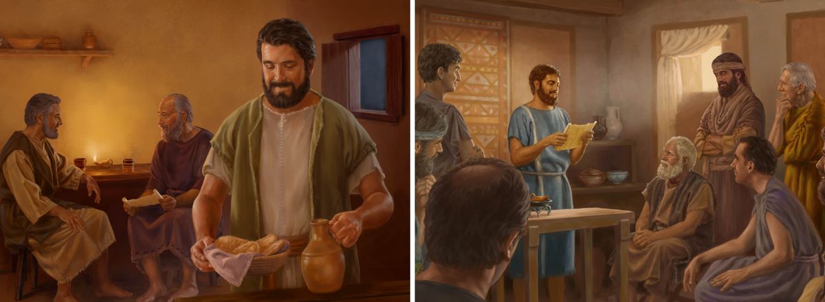 Ilustrassion: 1.  Marco el parecia robe de magnar e bever par Paolo e Barnabè. 2.  Timòteo el lede una carta a un grupo de ansiani.