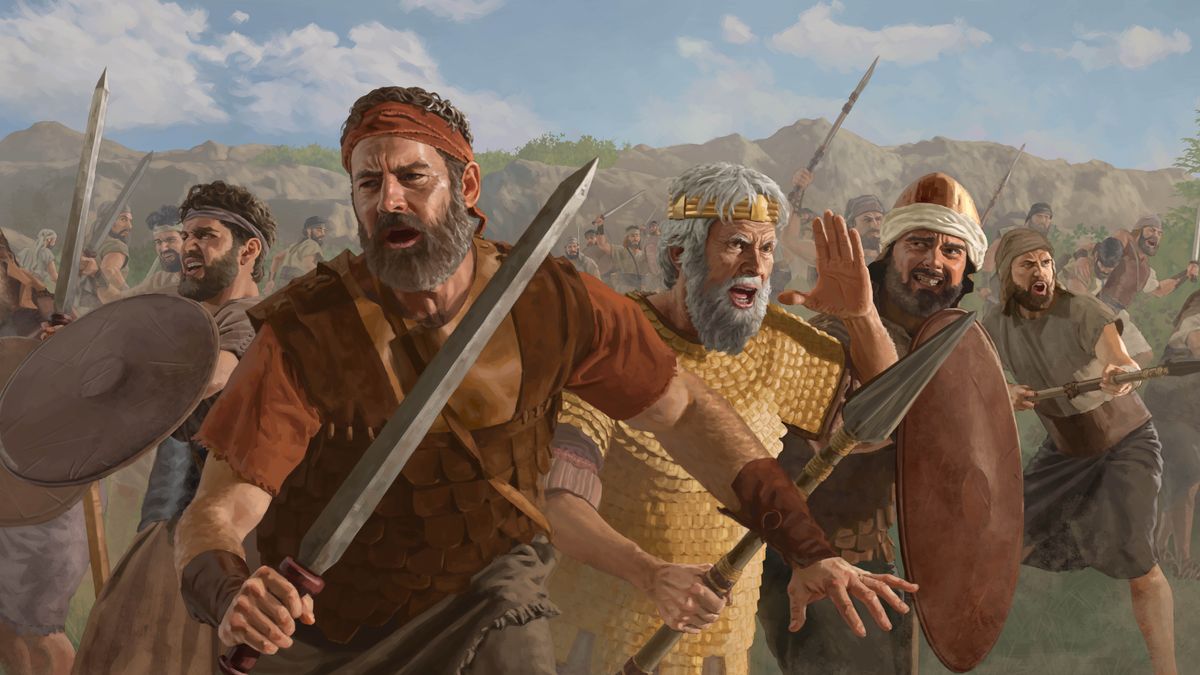 Gionatan, Saul e soldadi israeliti i ze in meso a una guera con spade, lanse e scudi.