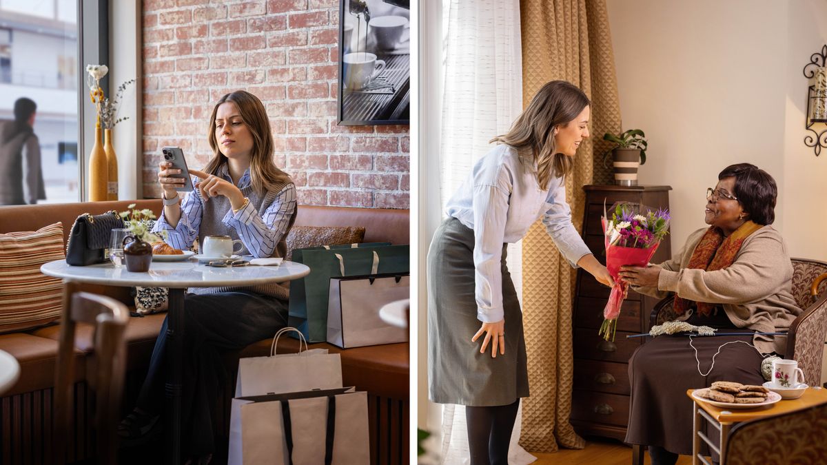 Ilustrassion: 1.  Una sorela la se senta ela sola nte un ristorante e la resta su par el telèfono. Ghen’è una mùcia de robe che la ga comprà intorno. 2.  Ela la ze contenta de far una vìsita a una sorela pi vècia par portarghe fiori.