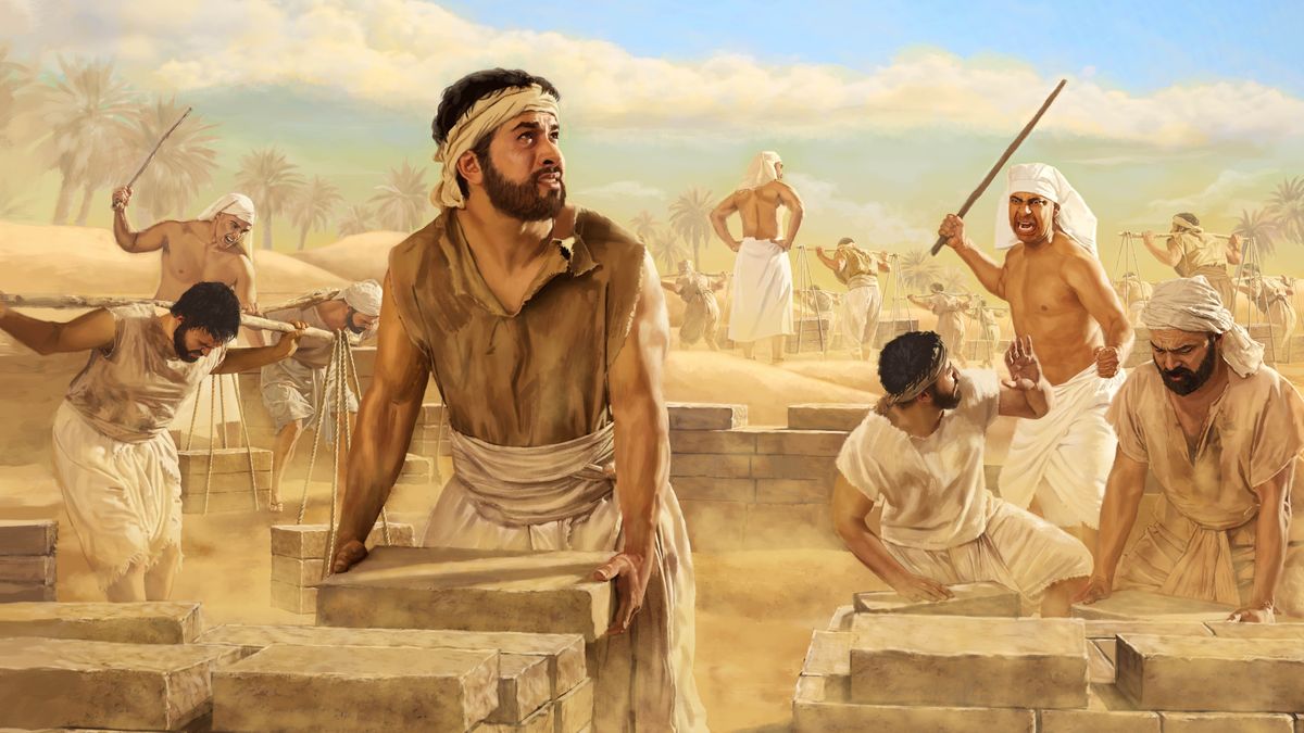 Un israelita l’è drio pensar intanto che el laora nel Egito. Darente de lu ghen’è egipsi che i ze drio darghe a altri schiavi israeliti.