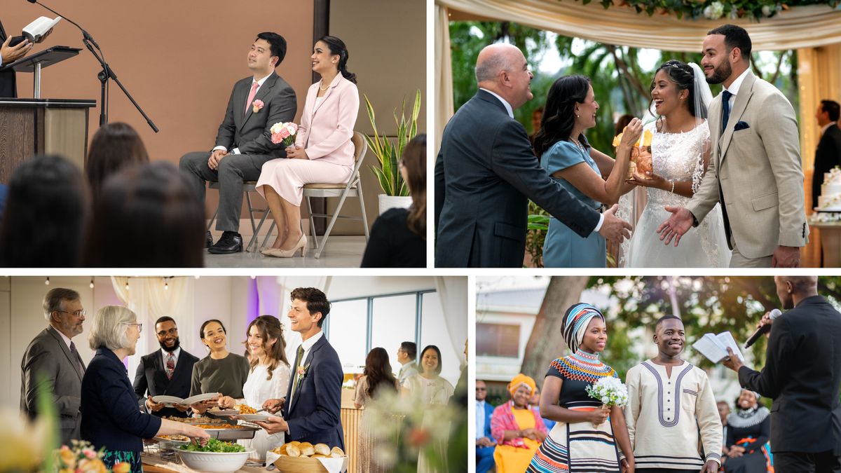 Ilustrassion: Fradei e sorele de diverse parte del mondo le va ale nosse de altre Testimònie de Geovà. 1. Un noivo e una noiva i ze sentadi davanti un fradel che l’è drio far el discorso del so matrimònio nte un Salon del Regno. 2. Un casal el saluda el noivo e la noiva ntele so nosse. 3. Un noivo e una noiva i ciapa el magnar insieme con altri convidadi nele so nosse. 4. Un noivo e una noiva i ze davanti un fradel che l’è drio far el discorso del so matrimònio nte un giardin.