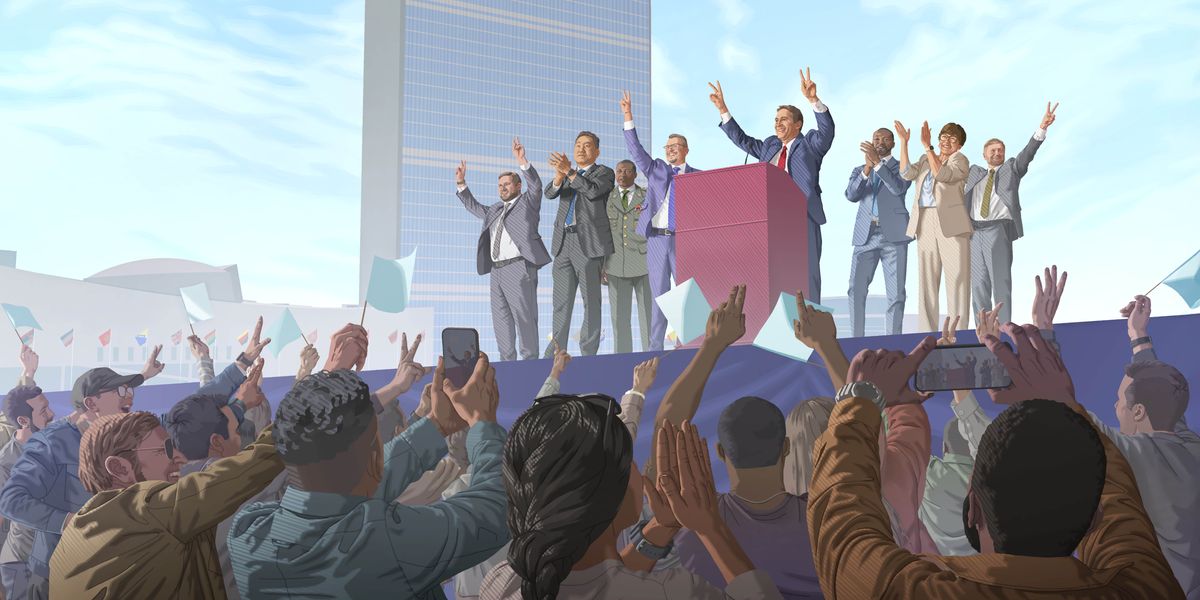 Arquanti governanti de difarenti paesi i ze davanti a una mùcia de persone che le ze contente. I governanti i ze insieme nei prèdi dele Nassion Unide par far la proclamassion che “vivemo in pace e sensa paura”.