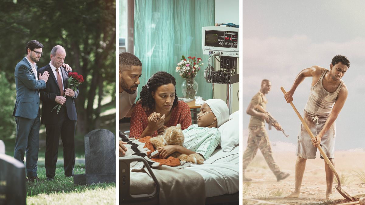 Stampa: I servi de Geovà i infronta diverse dificoltà. 1. Un fradel el dà consolo a un fradel pi vècio nel semitèrio. 2. Genitori insieme cola so fiola nel ospedal. 3. Un fradel che l’è in preson el fà un buso con una badila intanto che un guarda lo varda con una arma in man.