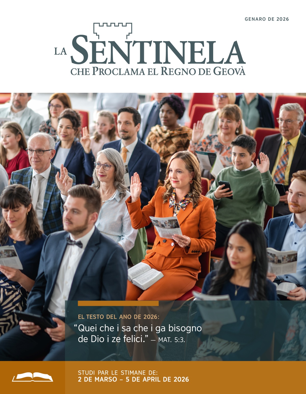 Una sorela la alsa su la man par far un comentàrio durante el stùdio dela Sentinela. Ghen’è anca altri fradei e sorele che i alsa su la man.