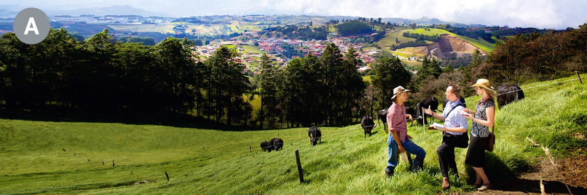 A. Hai Nhân Chứng Giê-hô-va đang rao giảng cho một người đàn ông trên đồi cỏ ở Costa Rica.