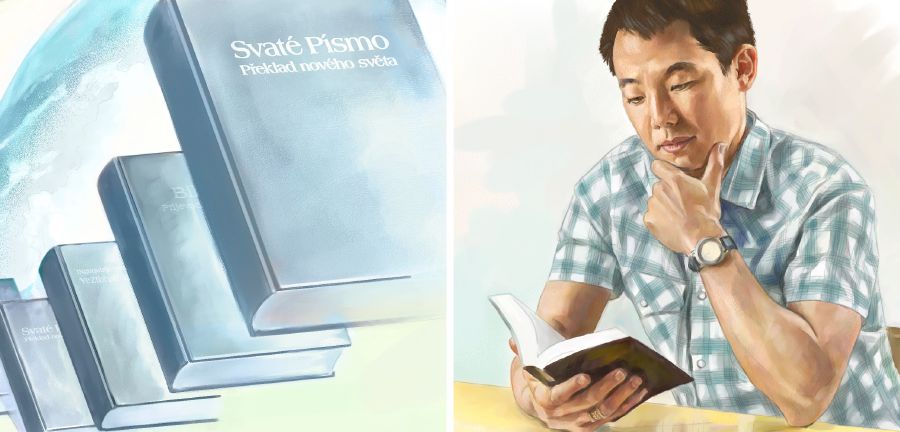 Kinh Thánh trong nhiều ngôn ngữ; một người đàn ông đọc Kinh Thánh trong tiếng mẹ đẻ