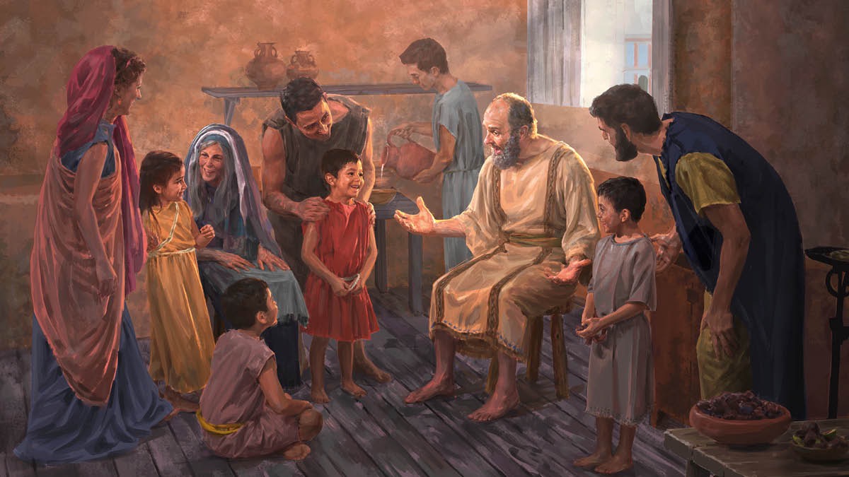 Sứ đồ Phao-lô kết hợp với người khác, trong đó có các em nhỏ, tại nhà một anh em