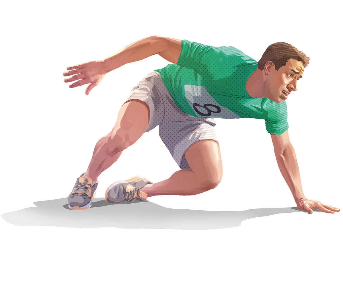 Seorang pelari yang terjatuh bangun dan teruskan perlumbaan.