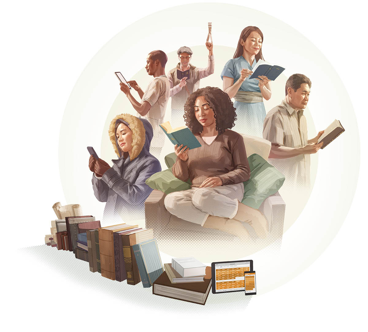 Orang daripada pelbagai bangsa dan kaum membaca Bible dalam bahasa sendiri.