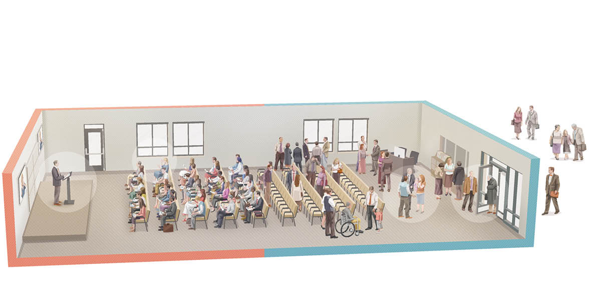 Kolaj: Gambar menunjukkan Dewan Perjumpaan sebelum, semasa, dan selepas perjumpaan. Hal yang sama ditunjukkan dalam gambar A hingga D.