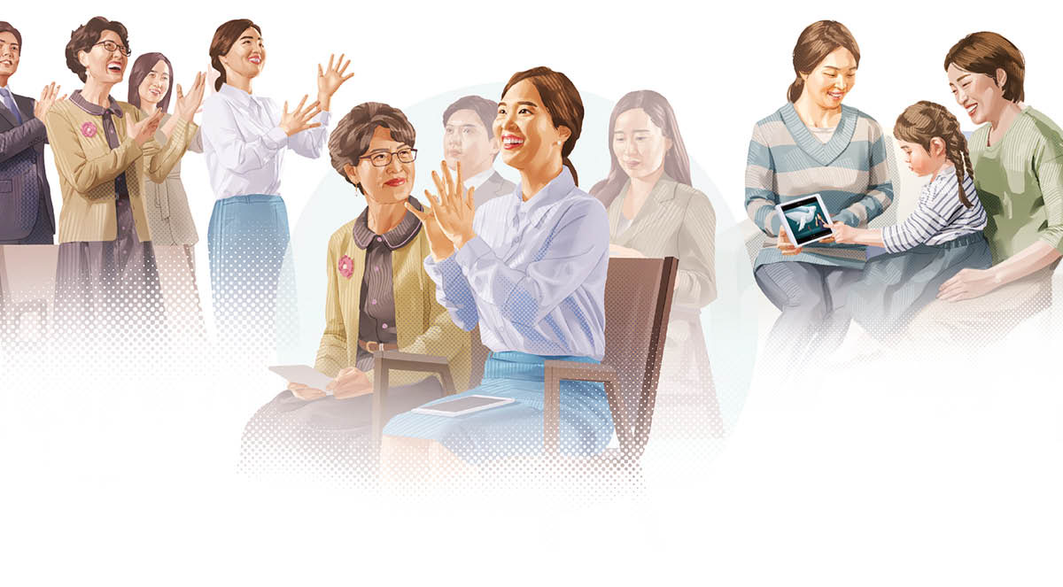 Kolaj: Seorang wanita belajar cara yang betul untuk menyembah Tuhan. 1. Dia bernyanyi semasa perjumpaan. 2. Dia memberikan komen semasa perjumpaan. 3. Dia menunjukkan video tentang mesej Bible kepada seorang wanita dan anak perempuannya.