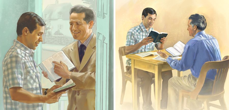 Seorang Saksi-Saksi Yehuwa membaca ayat Bible kepada seorang lelaki, kemudian belajar Bible dengannya