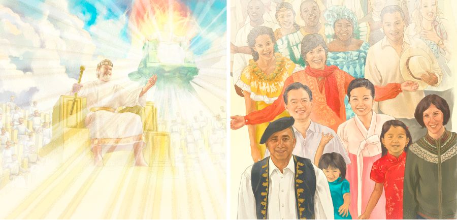 Yesus duduk di atas takhtanya di syurga dan orang daripada pelbagai bangsa bersukacita